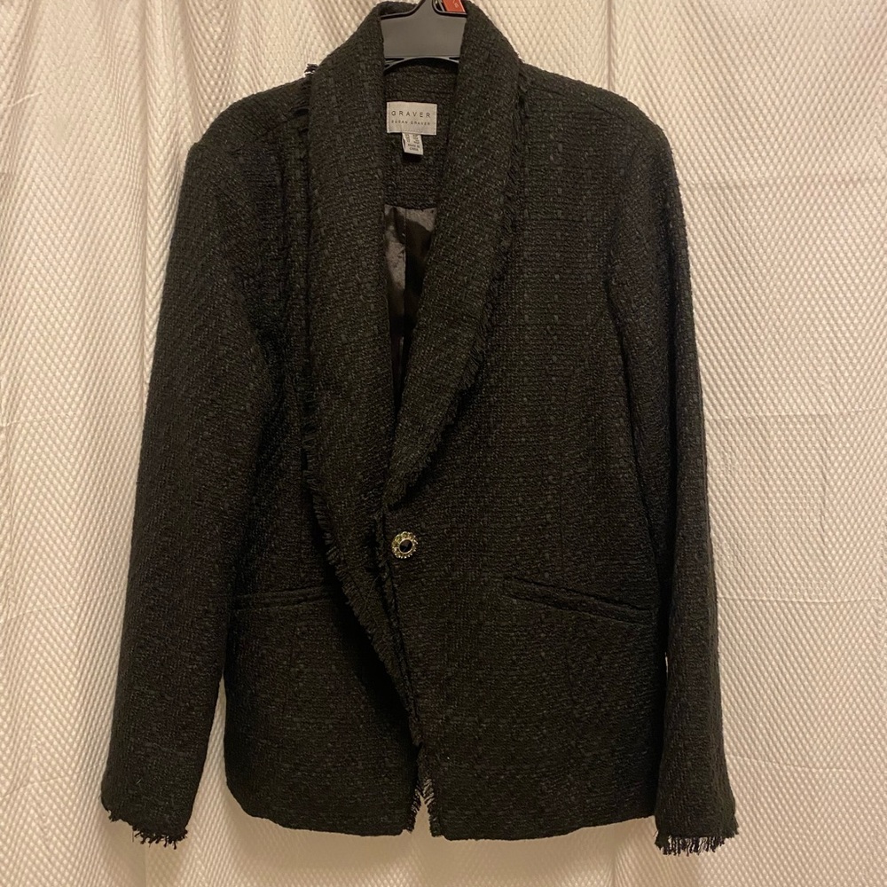 Susan Graver Textured Boucle  Jacket with Eyelash Fraying Navy size 10 Petite